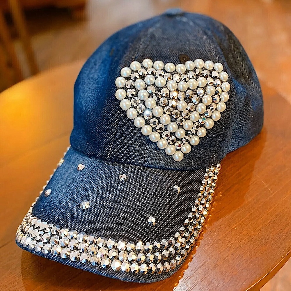 NWOT Denim Rhinestone Heart Hat